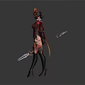 Game And Movie Fantasy Character In Red Outfit With Horned Headpiece Sword And Black Accessories