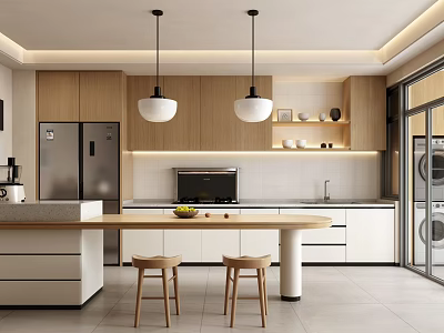 Modern Open Kitchen Interior Design With Island Counter Cabinets And Pendant Lights 3d model