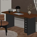 Modern Workspace With Wooden Desk Black Frame Brown Chair And Decorative Items