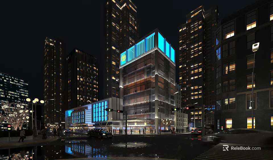 Commercial Street Night Scene Featuring High Rise Buildings Blue Lit Glass Facade Pedestrians And Vehicles 3d model 