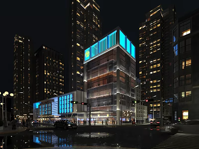 Commercial Street Night Scene Featuring High Rise Buildings Blue Lit Glass Facade Pedestrians And Vehicles 3d model