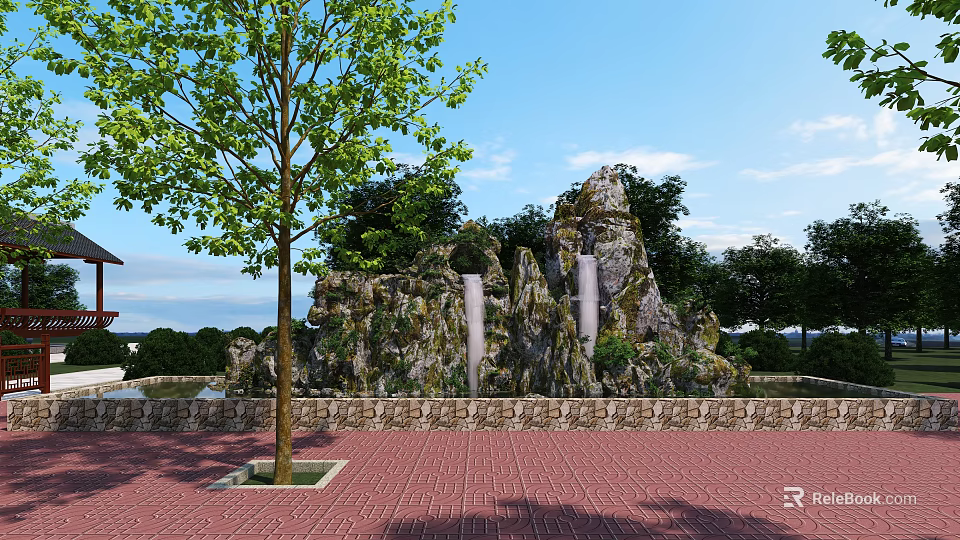 Scenic Park Landscape With Green Trees Rock Formation White Pillars And Brick Paved Ground 3d model 