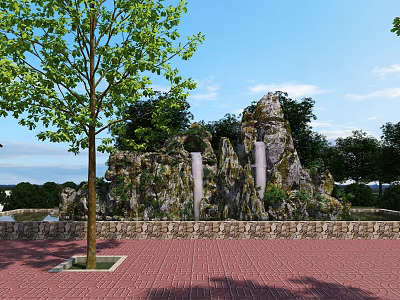 Scenic Park Landscape With Green Trees Rock Formation White Pillars And Brick Paved Ground 3d model