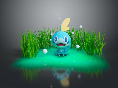Blue Cartoon Game and Movie Character with Yellow Ears and White Orbs in Green Grass and Water 3d model