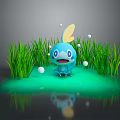 Blue Cartoon Game and Movie Character with Yellow Ears and White Orbs in Green Grass and Water