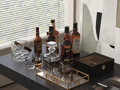 Elegant Wine Bottles and Whiskey Glasses on Black Table with Golden Tray and Decanter 3d model