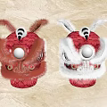 Brown and White Fluffy Lion Dance Dolls with Red Decorations and Reflections on Wooden Surface