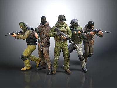 Tactical Military Characters In Various Camouflage Uniforms With Helmets Masks And Assault Rifles Posing 3d model