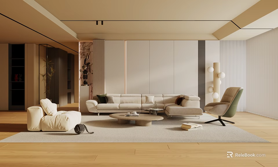 Modern Living Room Interior Design With White Sofa Round Coffee Table And Green Armchair 3d model 