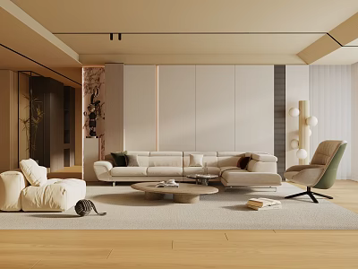 Modern Living Room Interior Design With White Sofa Round Coffee Table And Green Armchair 3d model