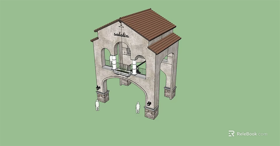 Classic Arched Architectural Portico With Brown Tile Roof Stone Columns And Steps 3d model 