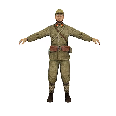 Man in Green Military Uniform with Belt and Backpack Standing with Arms Outstretched 3d model