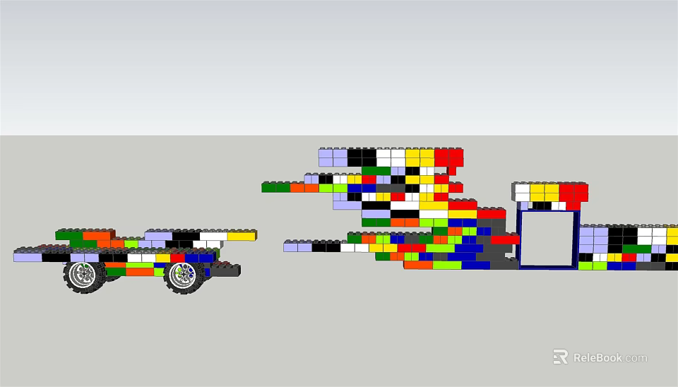 Colorful Building Blocks Assembled Into Creative Vehicle And Structure Models With Wheels 3d model
