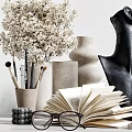 Stylish Decorative Ornament Set With Sculptural Head Vases Dried Flowers Books Paintbrushes And Candle