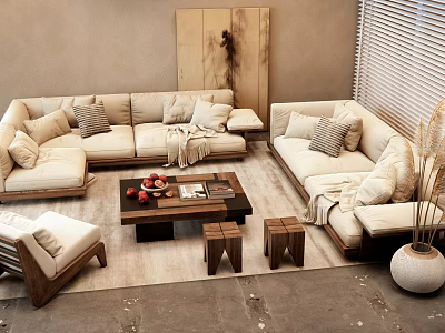 Stylish Beige Sofa And Wooden Coffee Table Set With Pillows Stools And Vase 3d model