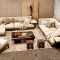 Stylish Beige Sofa And Wooden Coffee Table Set With Pillows Stools And Vase