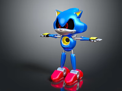 Blue Hedgehog Robot Character with Yellow Ears Red Eyes Black Mask Mechanical Limbs Red Feet 3d model