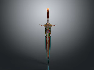 Ornate Decorative Sword With Red Hilt Gold Accents And Intricate Blade Patterns 3d model