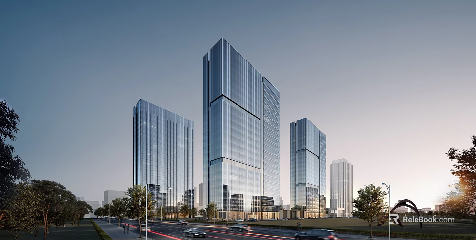 Modern Office Building Featuring Glass Curtain Walls And City Skyline With Street Cars And Trees 3d model 