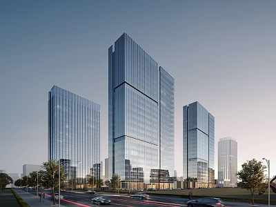 Modern Office Building Featuring Glass Curtain Walls And City Skyline With Street Cars And Trees 3d model