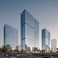 Modern Office Building Featuring Glass Curtain Walls And City Skyline With Street Cars And Trees