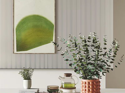 Modern Decorative Ornament Combination With Green Plants Ceramic Vase And Wall Art 3d model
