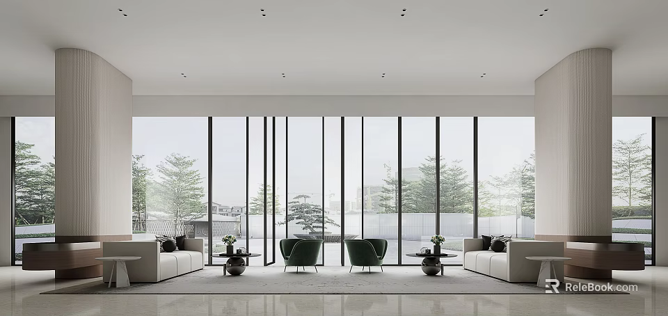 Modern Lounge Area Interior Design With Large Windows Green Plants Sofas And Chairs 3d model