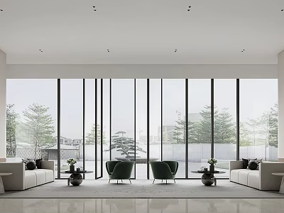 Modern Lounge Area Interior Design With Large Windows Green Plants Sofas And Chairs 3d model