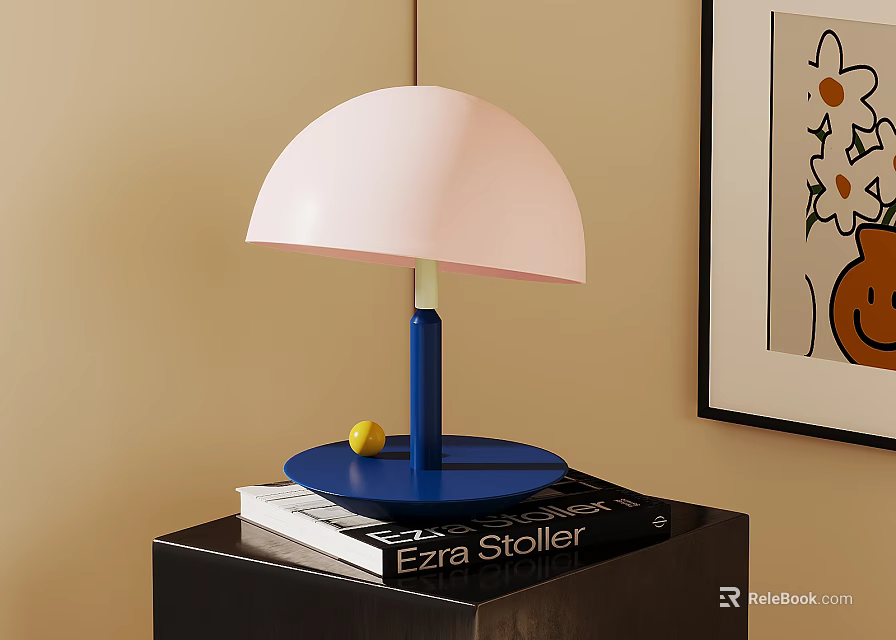 Modern Pink Lampshade Table Lamp with Blue Base on Black Cabinet and Books 3d model 