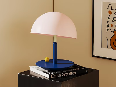 Modern Pink Lampshade Table Lamp with Blue Base on Black Cabinet and Books 3d model