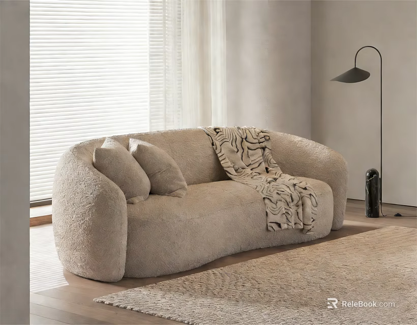 Beige Fluffy Two-Seater Sofa with Cushions Patterned Blanket Window Blinds and Floor Lamp 3d model 