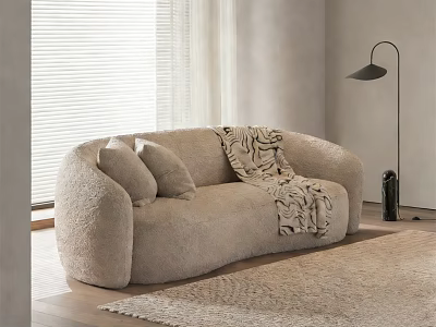 Beige Fluffy Two-Seater Sofa with Cushions Patterned Blanket Window Blinds and Floor Lamp 3d model