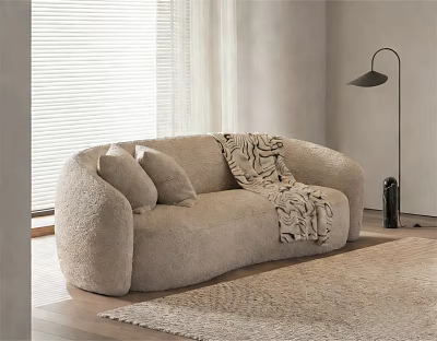Beige Fluffy Two-Seater Sofa with Cushions Patterned Blanket Window Blinds and Floor Lamp 3d model
