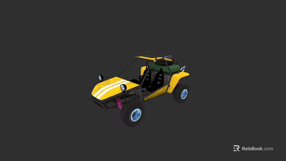 Yellow Off Road Dune Buggy with Open Cockpit Large Tires and Green Seats 3d model 