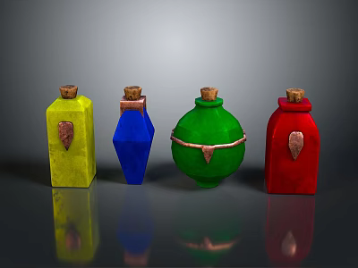 Four Colorful Glass Bottles with Cork Stoppers for Decorative Household Use 3d model