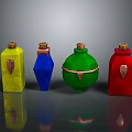 Four Colorful Glass Bottles with Cork Stoppers for Decorative Household Use