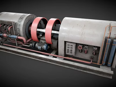 Industrial Machinery With Large Drums Red Components Pipes And Control Panel 3d model