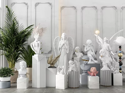 White Angel And Human Head Sculptures On Marble Pedestals With Decorative Wall And Green Plants 3d model