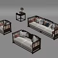 Chinese Style Sofa Set With Wooden Frame Coffee Table Side Table And Cushions 3d model