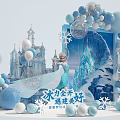 Frozen Themed Scene With Ice Castle Elsa Olaf Blue White Balloons And Snowflake Decorations