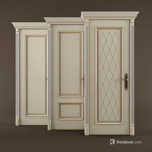 Stylish Cream Hinged Doors With Different Designs Diamond Patterns And Metal Handles 3d model