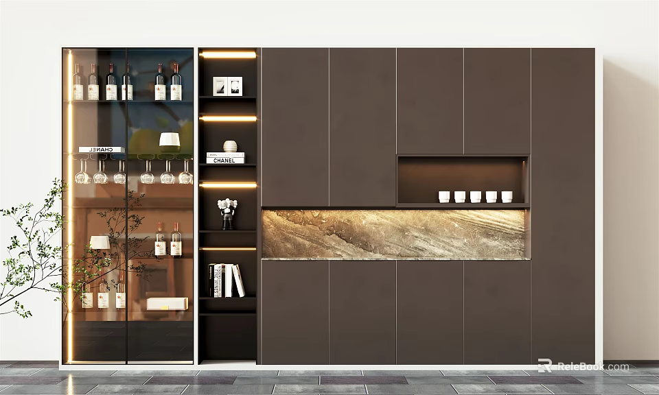 Modern Wine Cabinet With Glass Door Displaying Wine Bottles Glasses And LED Lighting 3d model 
