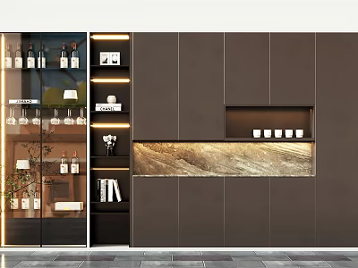 Modern Wine Cabinet With Glass Door Displaying Wine Bottles Glasses And LED Lighting 3d model