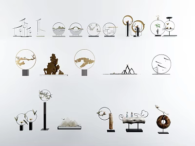 Modern Artistic Decorative Ornaments With Circular Frames Mountain Patterns For Home Interior 3d model