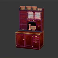 Elegant Red Wooden Storage Cabinet With Glass Doors Drawers And Top Containers