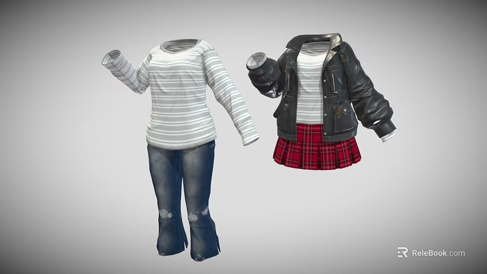 Women's Casual Outfit Collection With Striped Top Jeans Leather Jacket And Plaid Skirt 3d model 