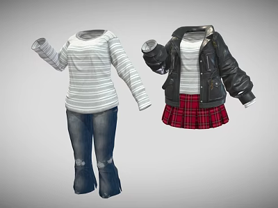 Women's Casual Outfit Collection With Striped Top Jeans Leather Jacket And Plaid Skirt 3d model