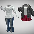 Women's Casual Outfit Collection With Striped Top Jeans Leather Jacket And Plaid Skirt