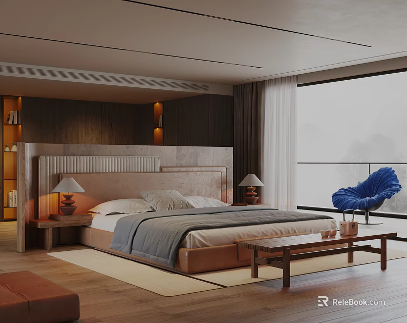 Modern Bedroom With Large Bed Wooden Headboard Table Lamps Nightstands Blue Chair And Window View 3d model 