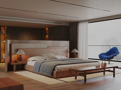 Modern Bedroom With Large Bed Wooden Headboard Table Lamps Nightstands Blue Chair And Window View 3d model